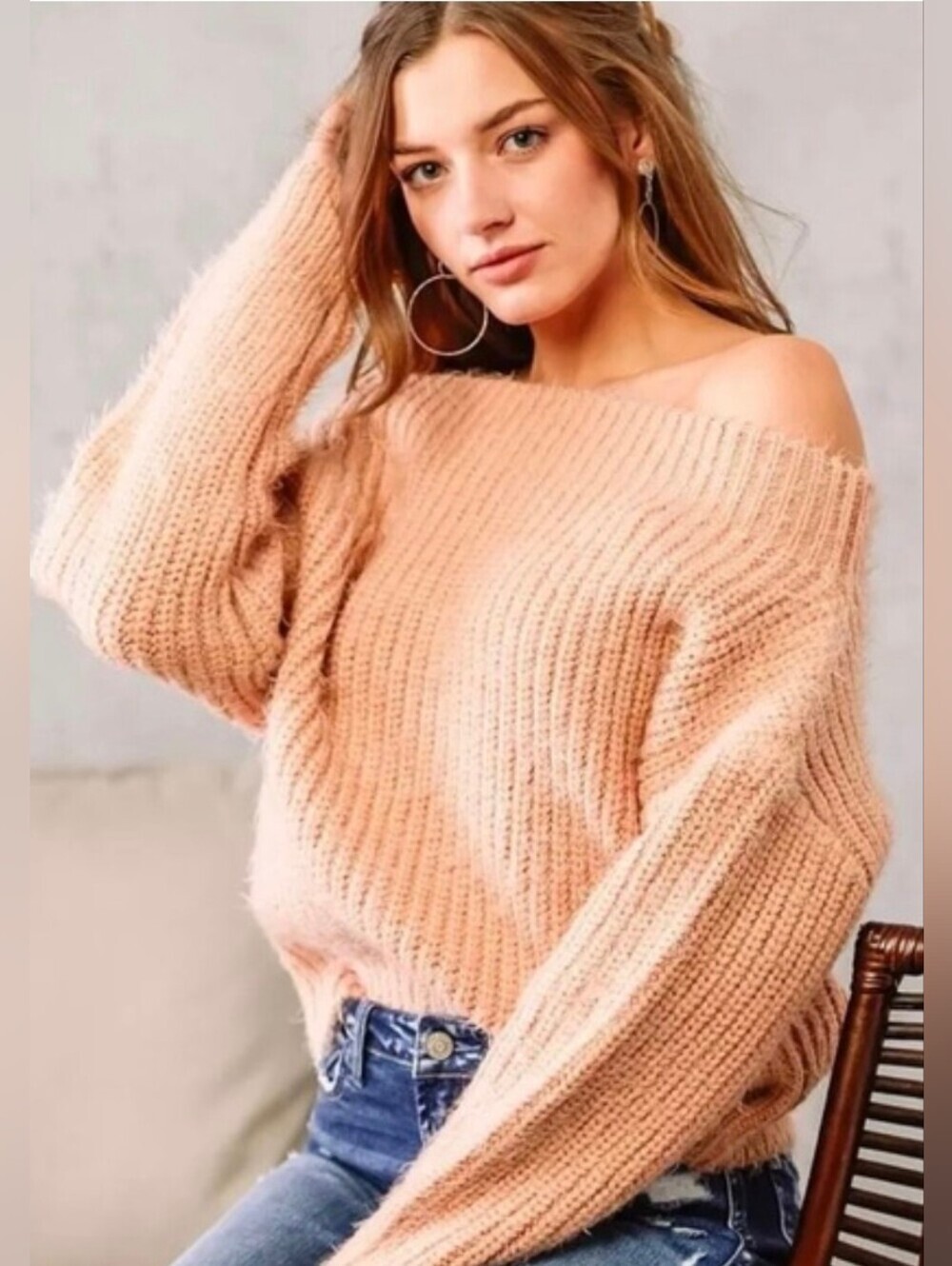 Willow & Root Peach Off Shoulder Fuzzy Eyelash Sweater Size Large